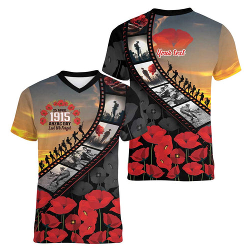 Personalised Remembering ANZAC Lest We Forget Women V-Neck T-Shirt Vintage Film Frame Memorial Red Poppy