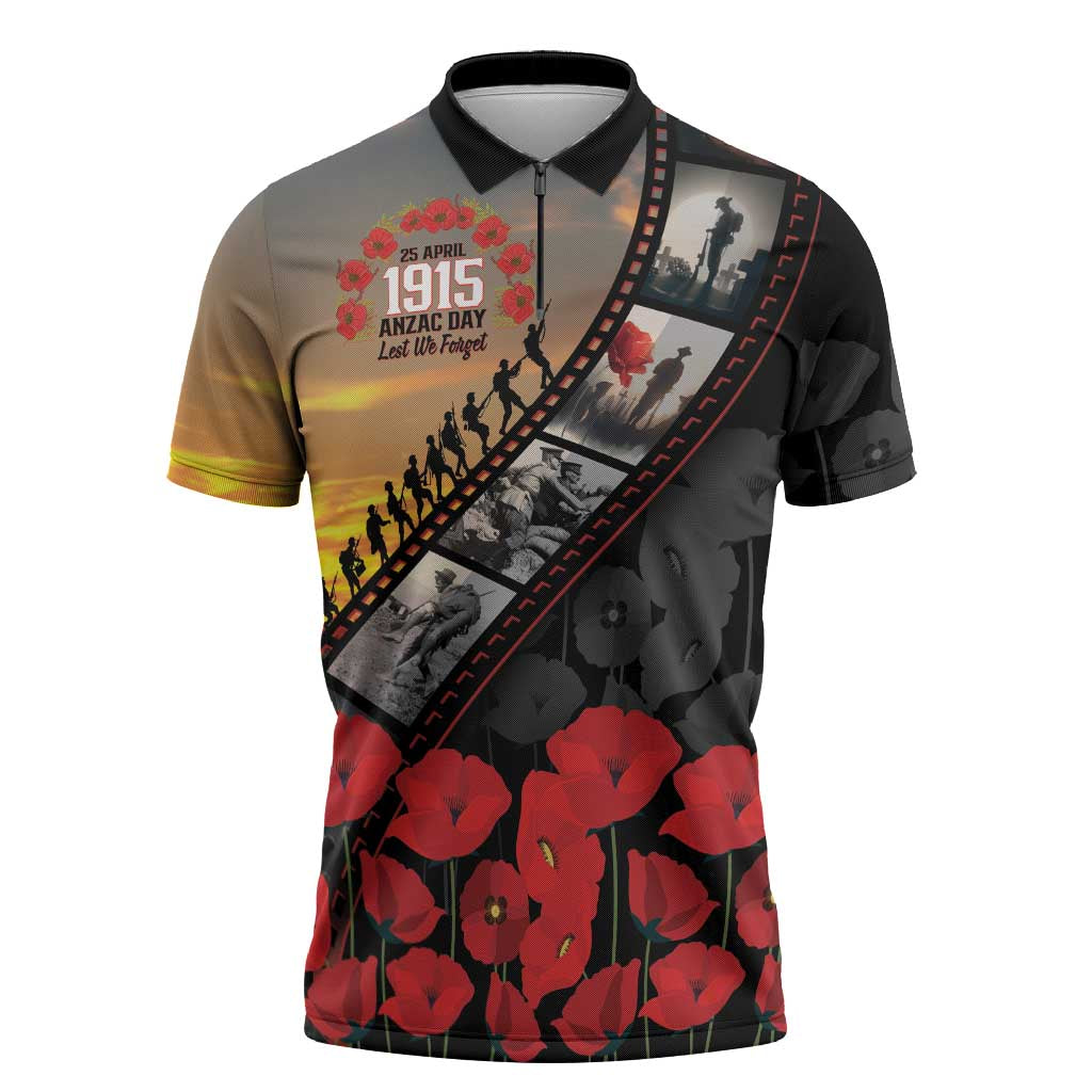 Personalised Remembering ANZAC Lest We Forget Zipper Polo Shirt Vintage Film Frame Memorial Red Poppy