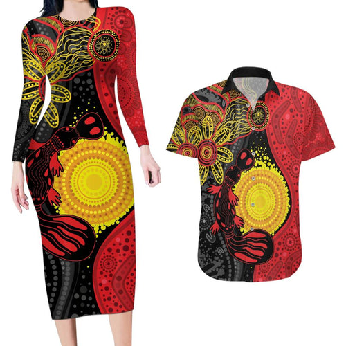 Platypus Aboriginal Art Style Couples Matching Long Sleeve Bodycon Dress and Hawaiian Shirt