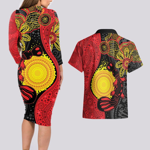Platypus Aboriginal Art Style Couples Matching Long Sleeve Bodycon Dress and Hawaiian Shirt