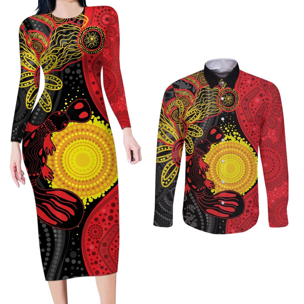 Platypus Aboriginal Art Style Couples Matching Long Sleeve Bodycon Dress and Long Sleeve Button Shirt