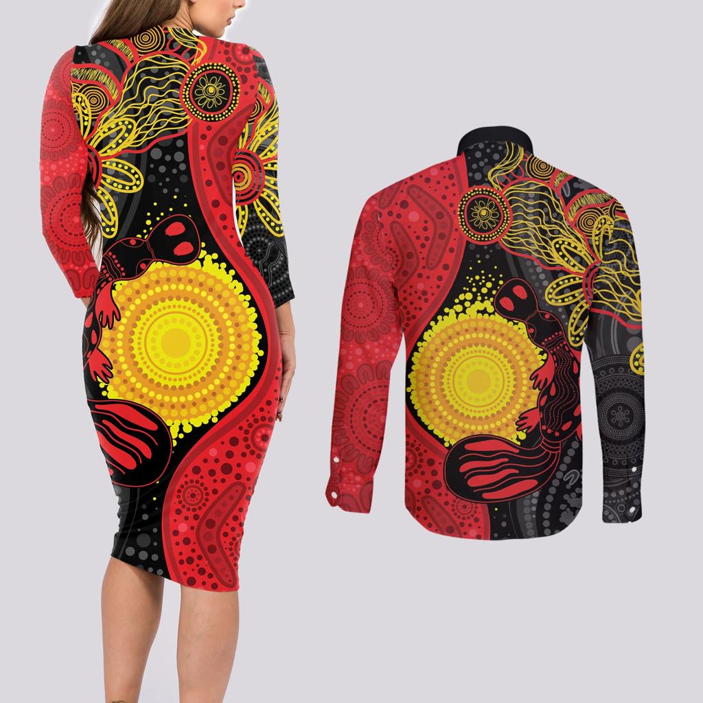 Platypus Aboriginal Art Style Couples Matching Long Sleeve Bodycon Dress and Long Sleeve Button Shirt