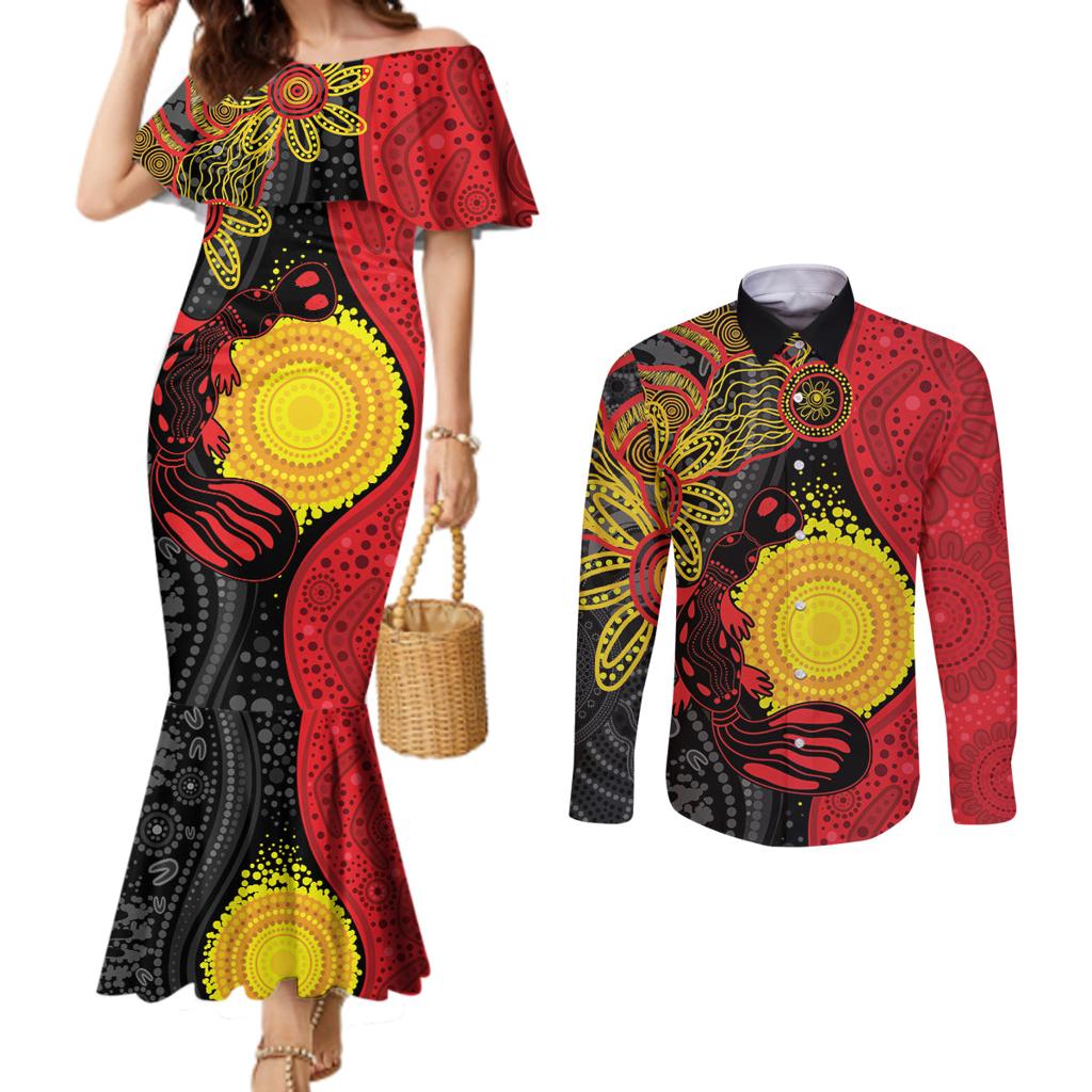 Platypus Aboriginal Art Style Couples Matching Mermaid Dress and Long Sleeve Button Shirt