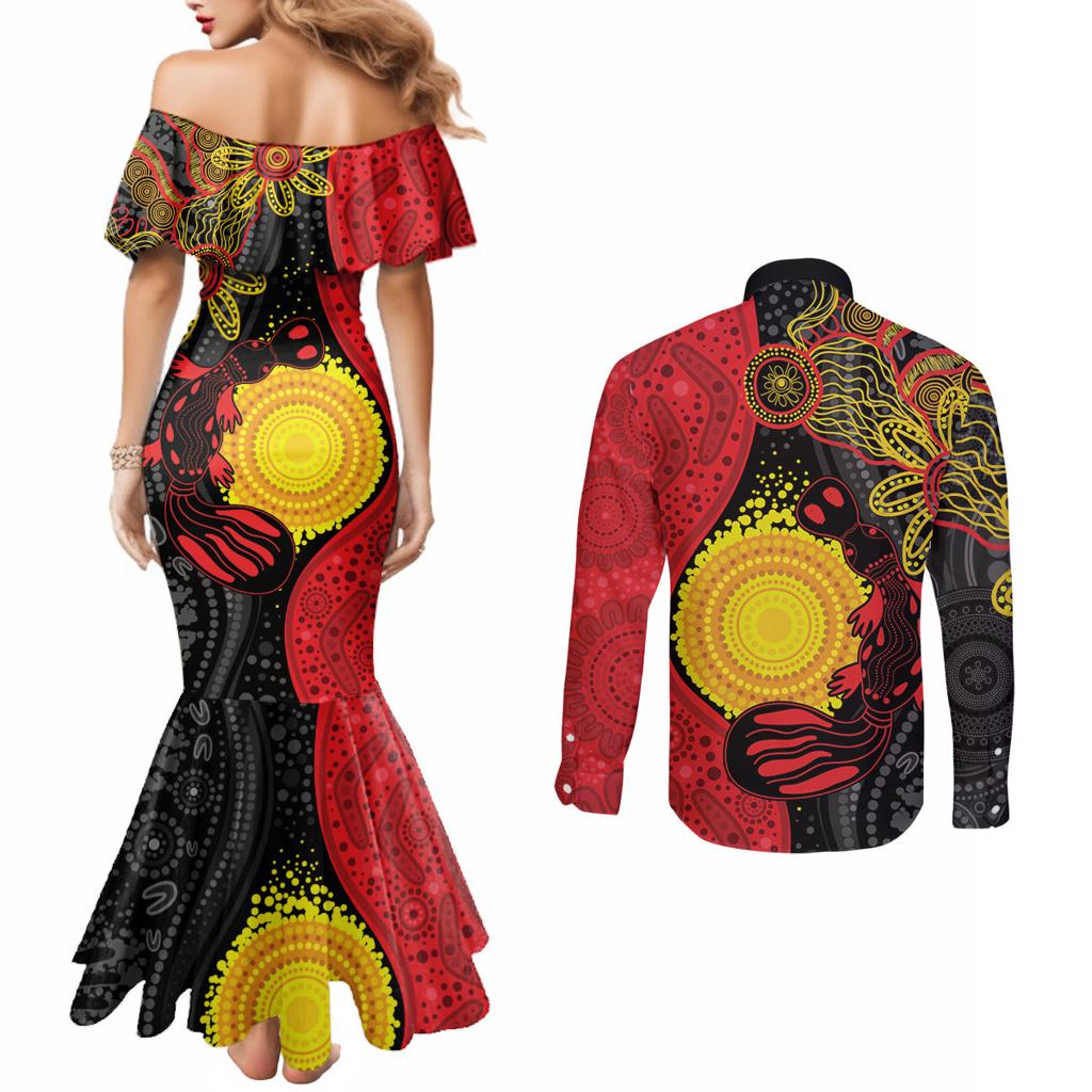 Platypus Aboriginal Art Style Couples Matching Mermaid Dress and Long Sleeve Button Shirt