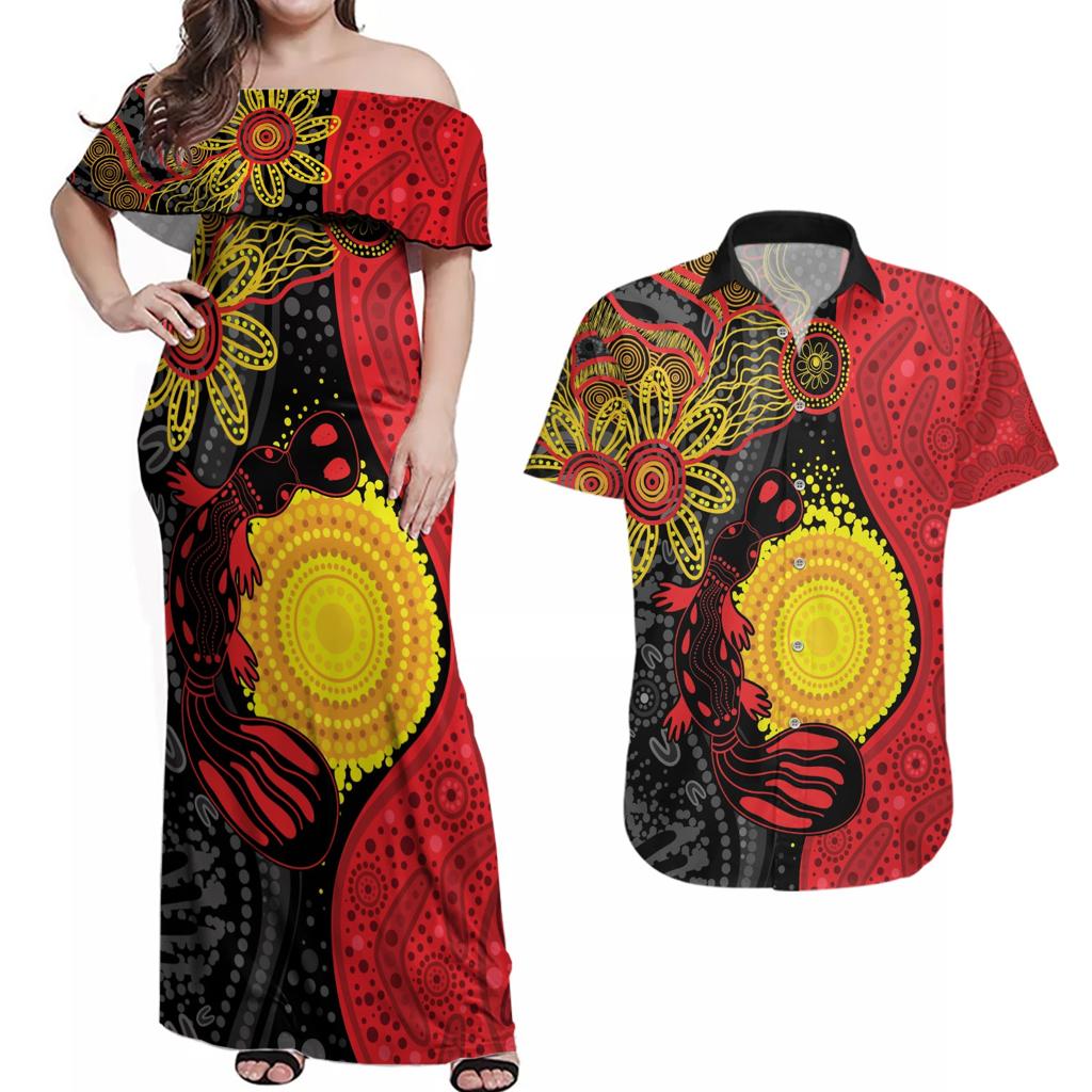 Platypus Aboriginal Art Style Couples Matching Off Shoulder Maxi Dress and Hawaiian Shirt