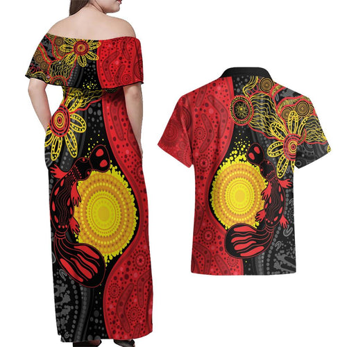 Platypus Aboriginal Art Style Couples Matching Off Shoulder Maxi Dress and Hawaiian Shirt
