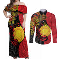 Platypus Aboriginal Art Style Couples Matching Off Shoulder Maxi Dress and Long Sleeve Button Shirt
