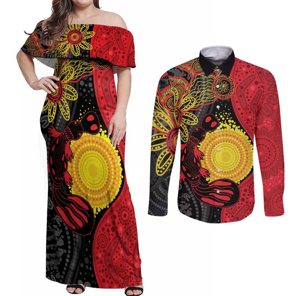 Platypus Aboriginal Art Style Couples Matching Off Shoulder Maxi Dress and Long Sleeve Button Shirt