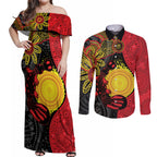 Platypus Aboriginal Art Style Couples Matching Off Shoulder Maxi Dress and Long Sleeve Button Shirt