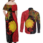 Platypus Aboriginal Art Style Couples Matching Off Shoulder Maxi Dress and Long Sleeve Button Shirt