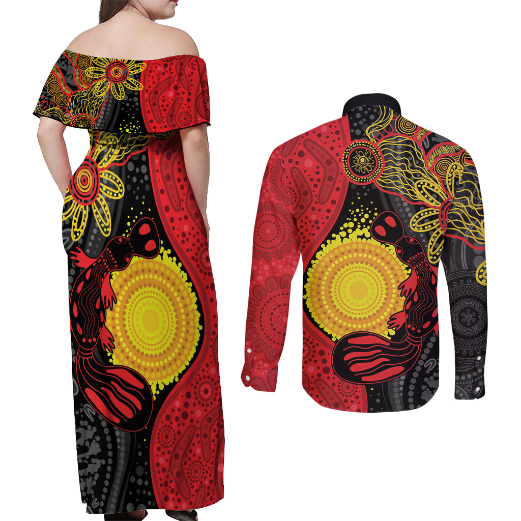 Platypus Aboriginal Art Style Couples Matching Off Shoulder Maxi Dress and Long Sleeve Button Shirt