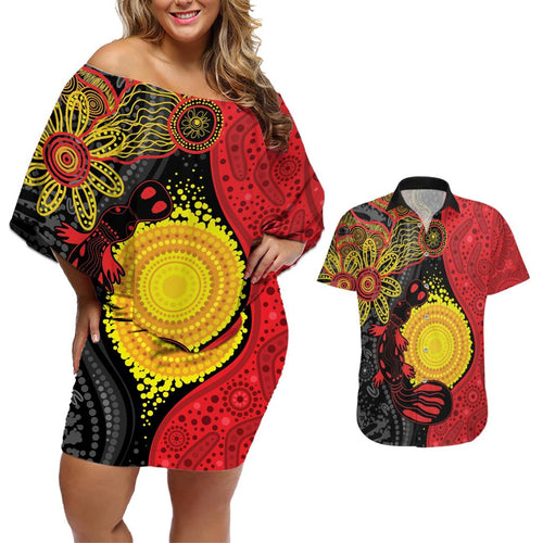 Platypus Aboriginal Art Style Couples Matching Off Shoulder Short Dress and Hawaiian Shirt