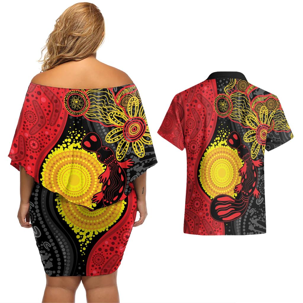 Platypus Aboriginal Art Style Couples Matching Off Shoulder Short Dress and Hawaiian Shirt