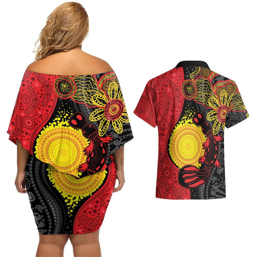 Platypus Aboriginal Art Style Couples Matching Off Shoulder Short Dress and Hawaiian Shirt