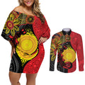 Platypus Aboriginal Art Style Couples Matching Off Shoulder Short Dress and Long Sleeve Button Shirt