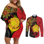 Platypus Aboriginal Art Style Couples Matching Off Shoulder Short Dress and Long Sleeve Button Shirt