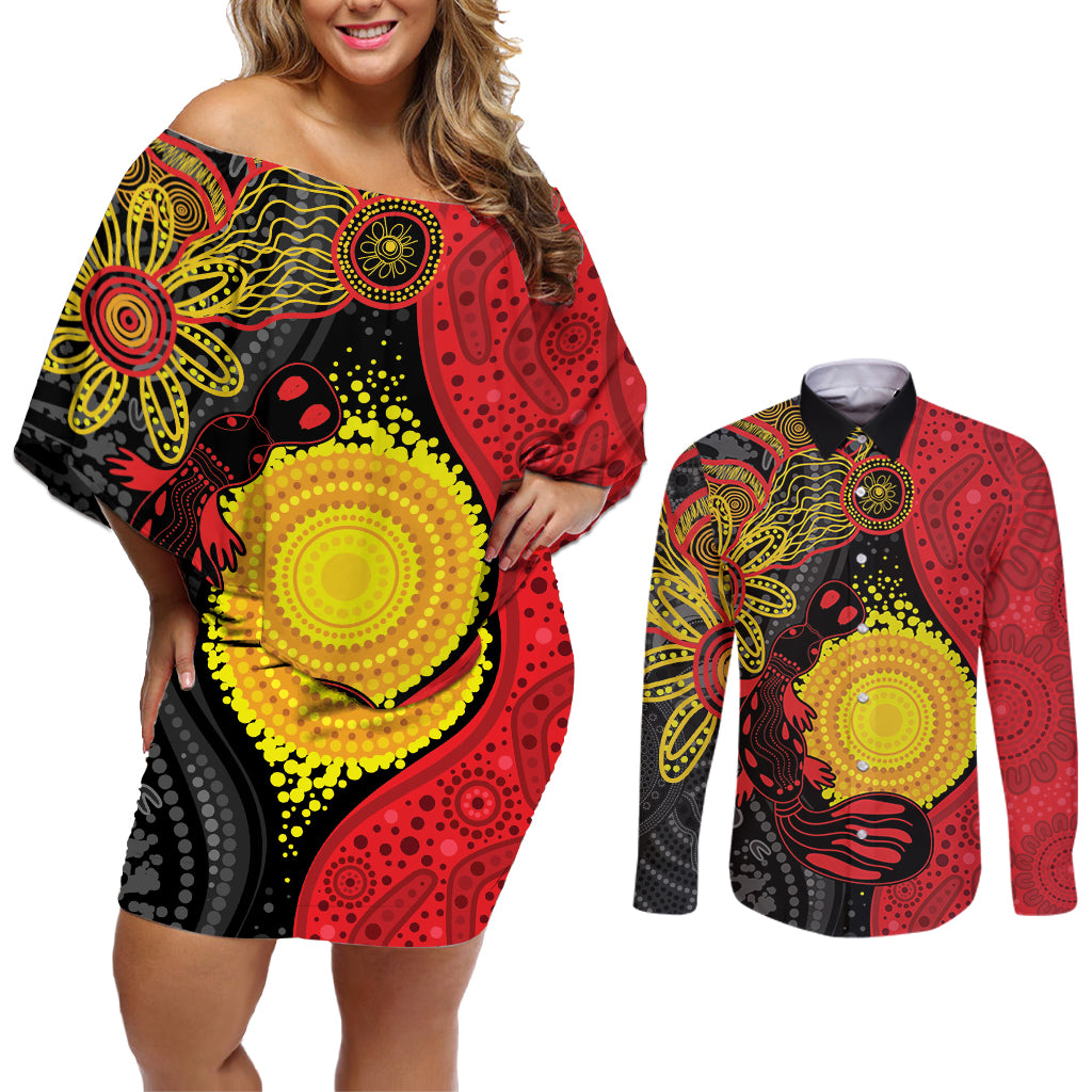 Platypus Aboriginal Art Style Couples Matching Off Shoulder Short Dress and Long Sleeve Button Shirt