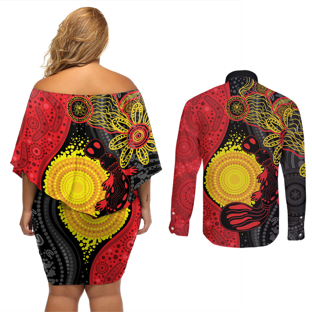 Platypus Aboriginal Art Style Couples Matching Off Shoulder Short Dress and Long Sleeve Button Shirt
