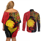 Platypus Aboriginal Art Style Couples Matching Off Shoulder Short Dress and Long Sleeve Button Shirt