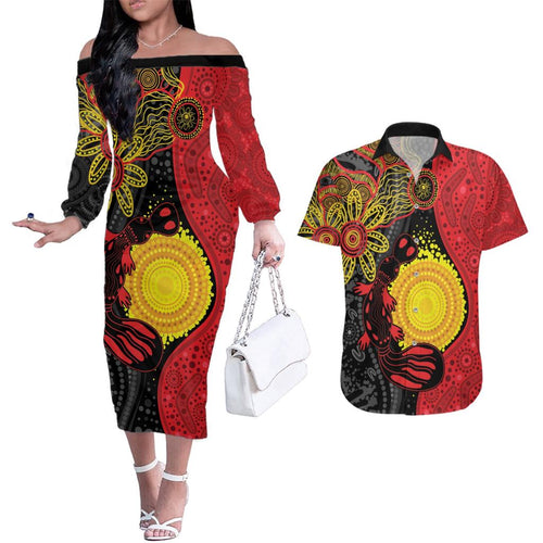 Platypus Aboriginal Art Style Couples Matching Off The Shoulder Long Sleeve Dress and Hawaiian Shirt
