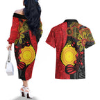 Platypus Aboriginal Art Style Couples Matching Off The Shoulder Long Sleeve Dress and Hawaiian Shirt
