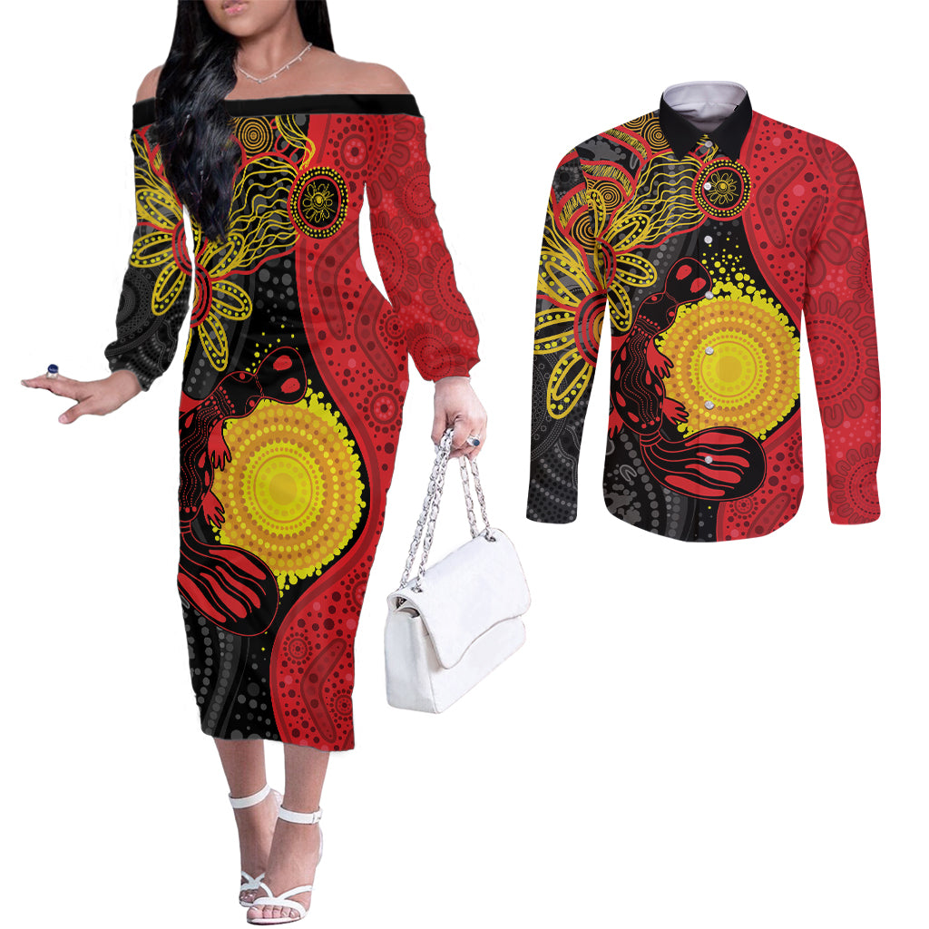 Platypus Aboriginal Art Style Couples Matching Off The Shoulder Long Sleeve Dress and Long Sleeve Button Shirt