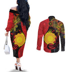 Platypus Aboriginal Art Style Couples Matching Off The Shoulder Long Sleeve Dress and Long Sleeve Button Shirt
