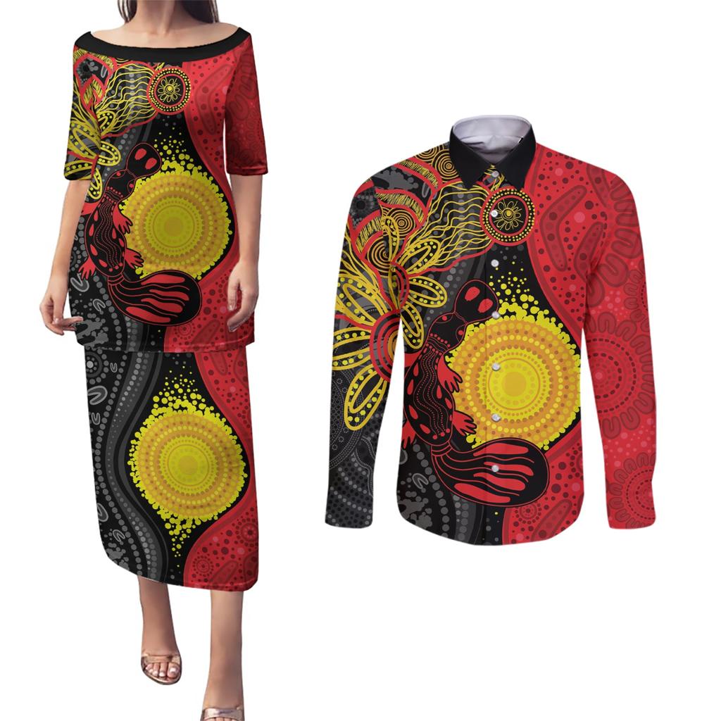 Platypus Aboriginal Art Style Couples Matching Puletasi and Long Sleeve Button Shirt