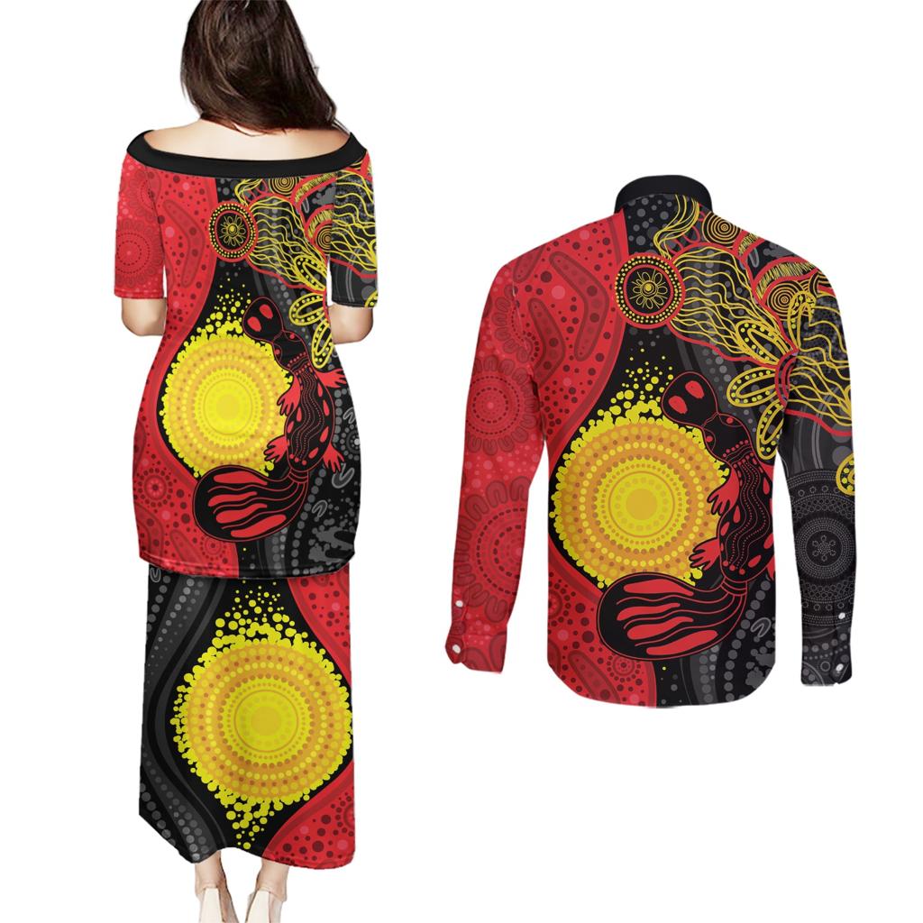 Platypus Aboriginal Art Style Couples Matching Puletasi and Long Sleeve Button Shirt