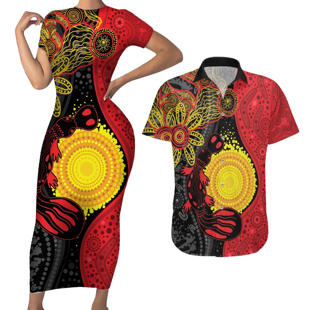 Platypus Aboriginal Art Style Couples Matching Short Sleeve Bodycon Dress and Hawaiian Shirt