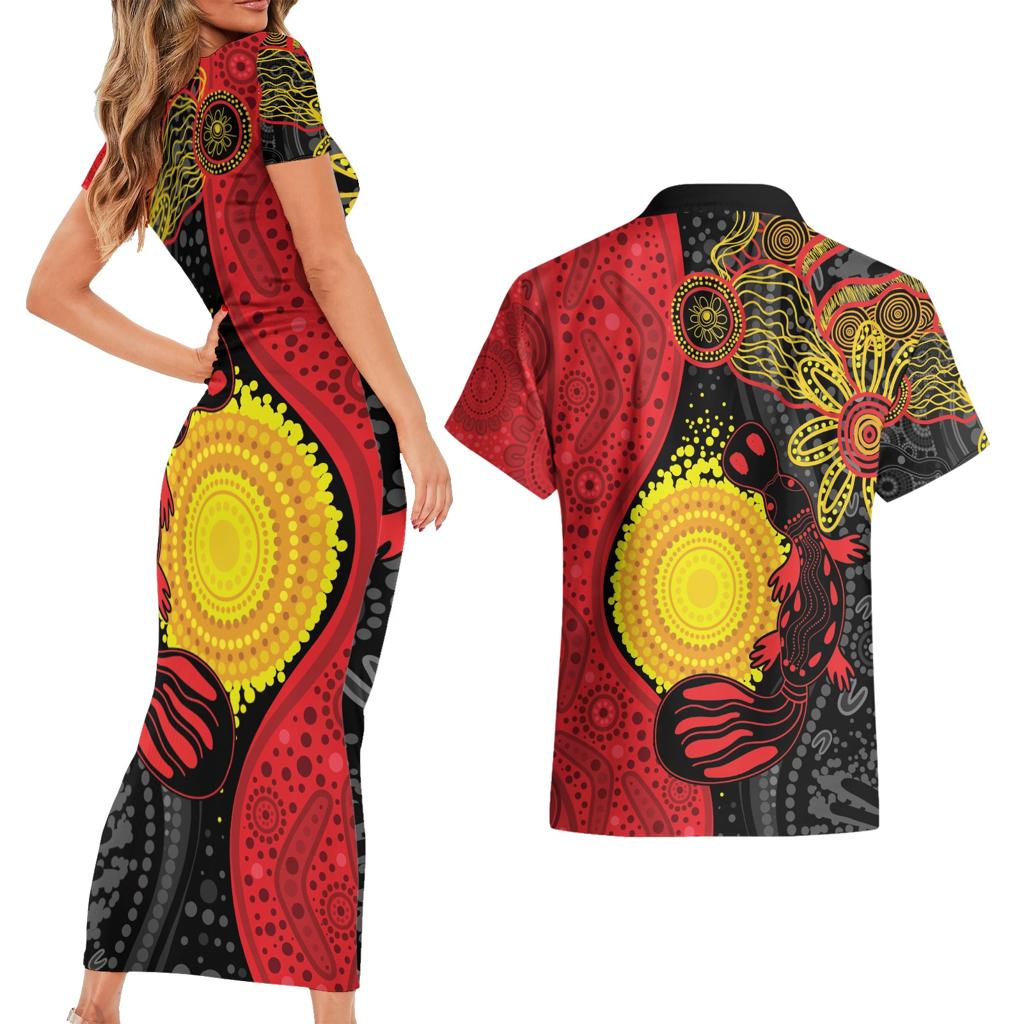 Platypus Aboriginal Art Style Couples Matching Short Sleeve Bodycon Dress and Hawaiian Shirt