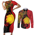 Platypus Aboriginal Art Style Couples Matching Short Sleeve Bodycon Dress and Long Sleeve Button Shirt