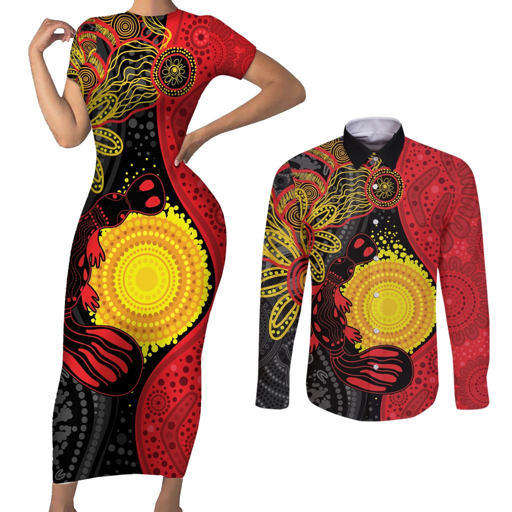 Platypus Aboriginal Art Style Couples Matching Short Sleeve Bodycon Dress and Long Sleeve Button Shirt