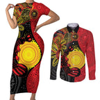 Platypus Aboriginal Art Style Couples Matching Short Sleeve Bodycon Dress and Long Sleeve Button Shirt