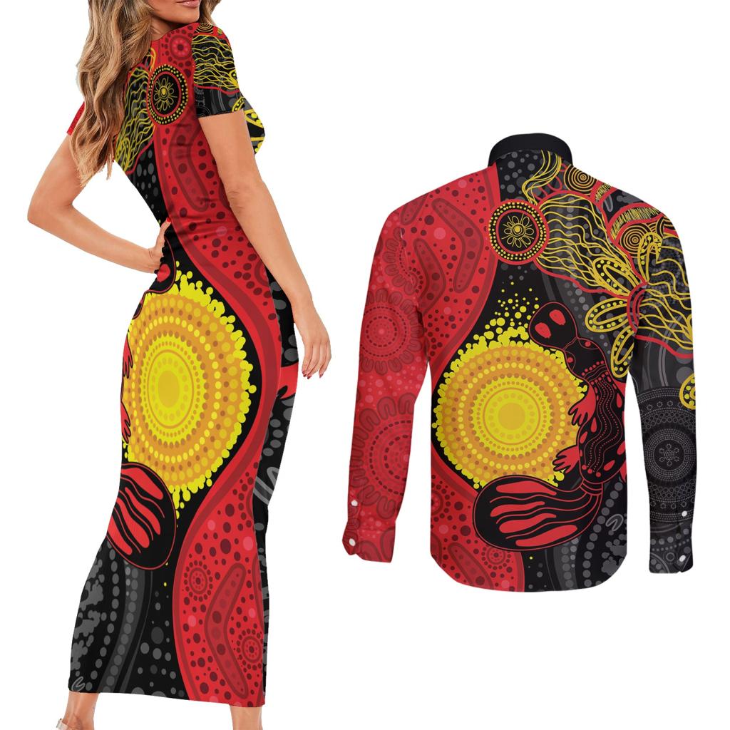 Platypus Aboriginal Art Style Couples Matching Short Sleeve Bodycon Dress and Long Sleeve Button Shirt
