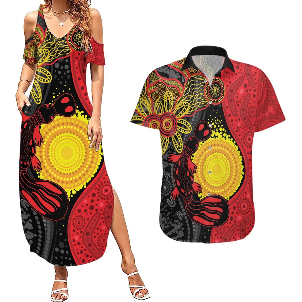 Platypus Aboriginal Art Style Couples Matching Summer Maxi Dress and Hawaiian Shirt