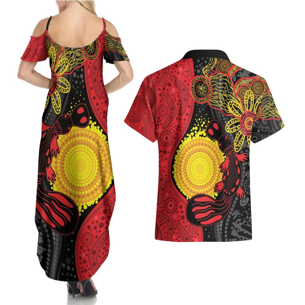 Platypus Aboriginal Art Style Couples Matching Summer Maxi Dress and Hawaiian Shirt