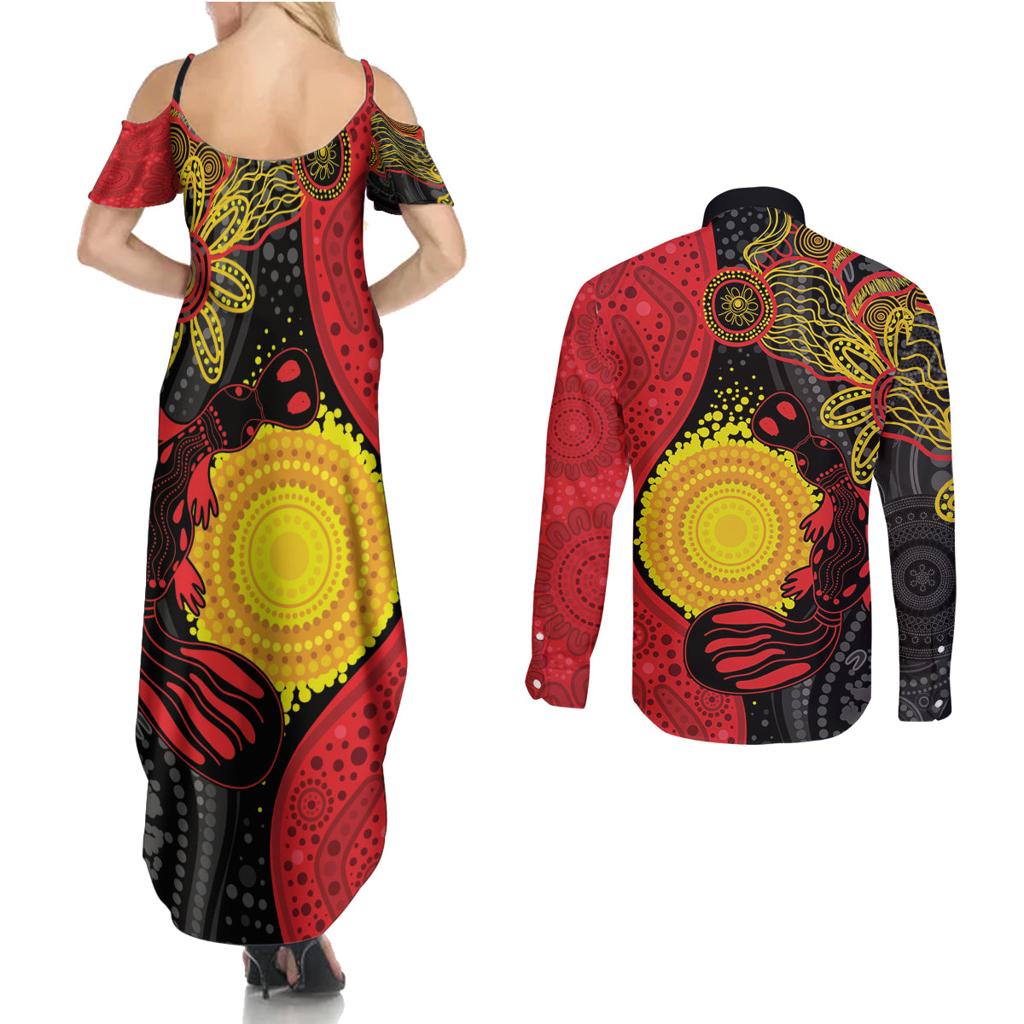 Platypus Aboriginal Art Style Couples Matching Summer Maxi Dress and Long Sleeve Button Shirt