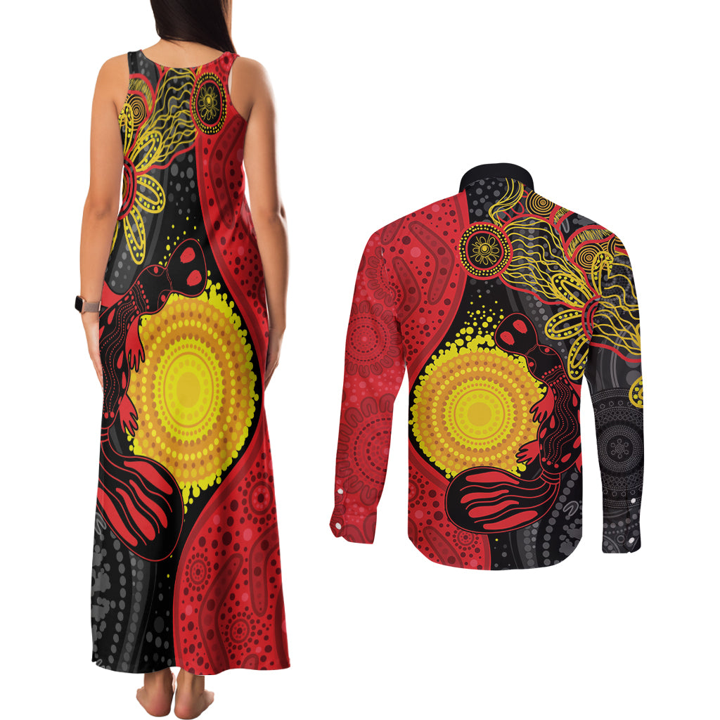 Platypus Aboriginal Art Style Couples Matching Tank Maxi Dress and Long Sleeve Button Shirt
