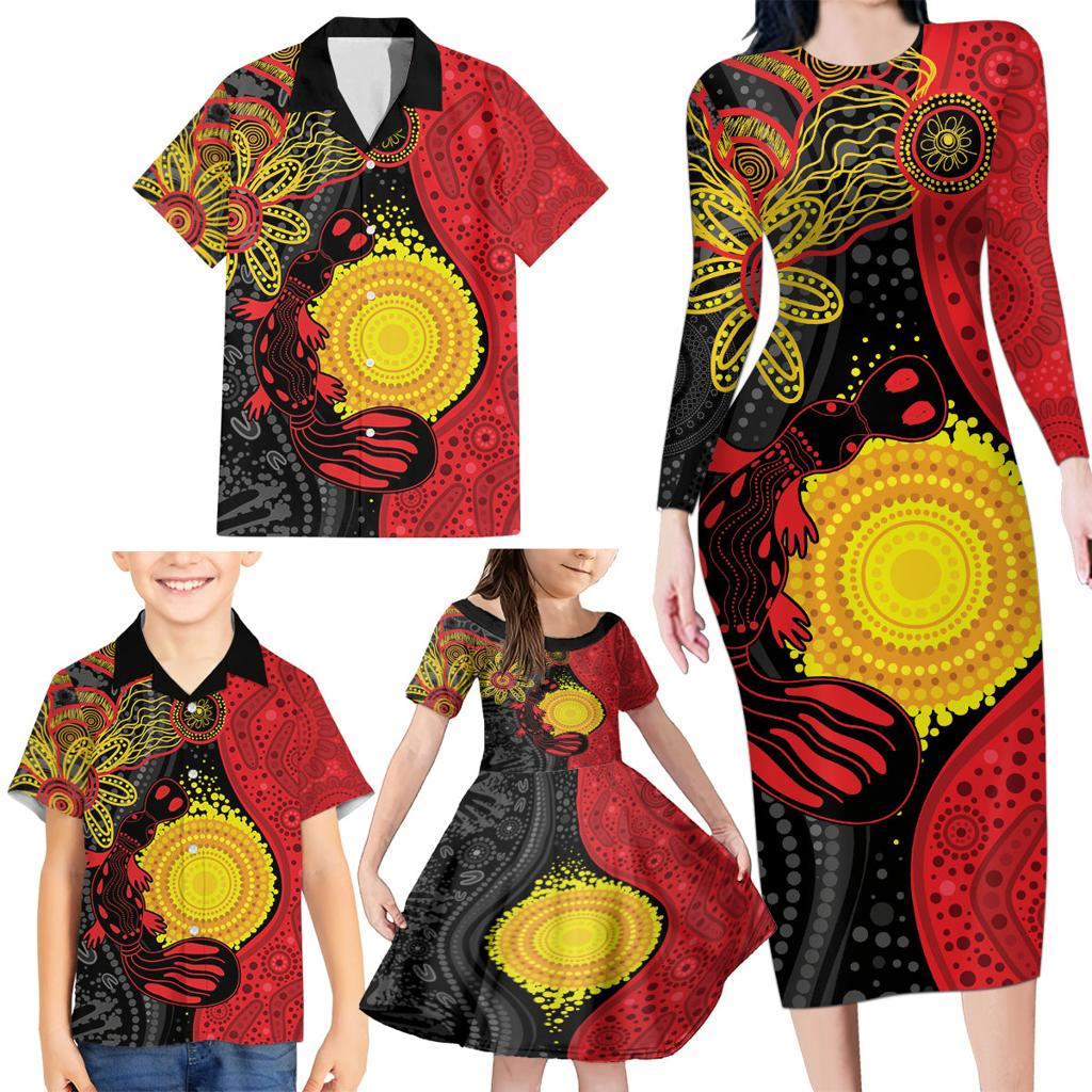 Platypus Aboriginal Art Style Family Matching Long Sleeve Bodycon Dress and Hawaiian Shirt