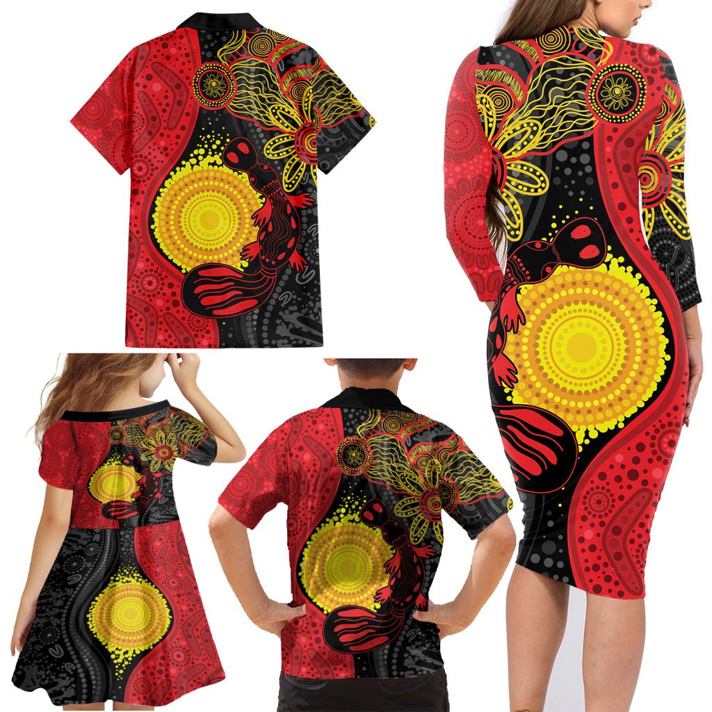 Platypus Aboriginal Art Style Family Matching Long Sleeve Bodycon Dress and Hawaiian Shirt