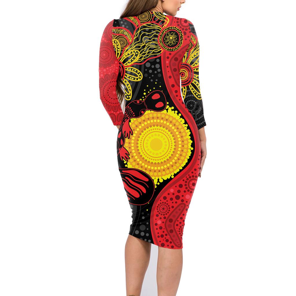 Platypus Aboriginal Art Style Family Matching Long Sleeve Bodycon Dress and Hawaiian Shirt