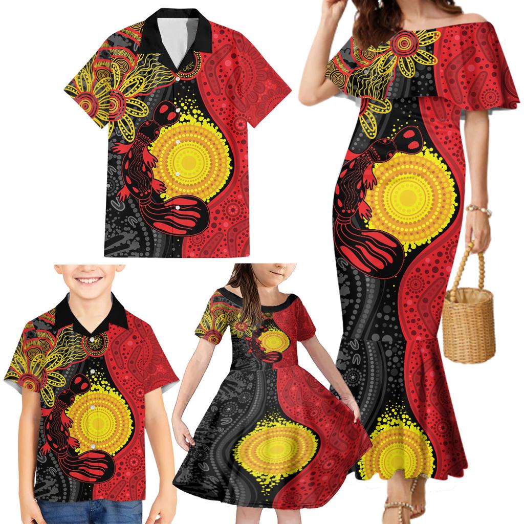 Platypus Aboriginal Art Style Family Matching Mermaid Dress and Hawaiian Shirt