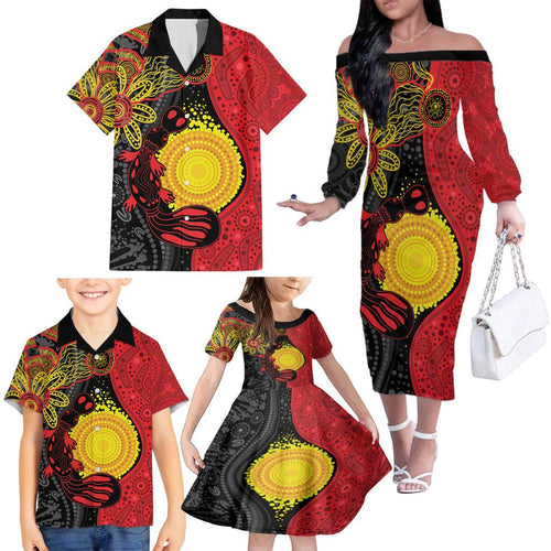 Platypus Aboriginal Art Style Family Matching Off The Shoulder Long Sleeve Dress and Hawaiian Shirt