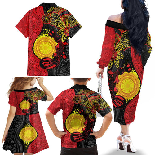 Platypus Aboriginal Art Style Family Matching Off The Shoulder Long Sleeve Dress and Hawaiian Shirt
