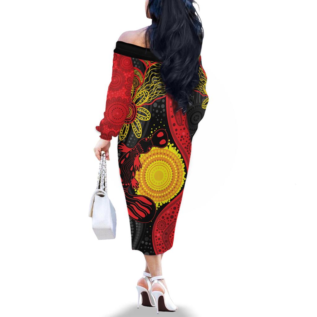 Platypus Aboriginal Art Style Family Matching Off The Shoulder Long Sleeve Dress and Hawaiian Shirt