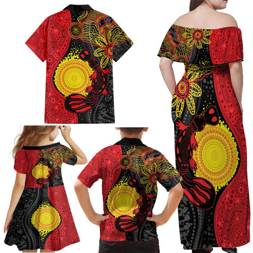 Platypus Aboriginal Art Style Family Matching Off Shoulder Maxi Dress and Hawaiian Shirt