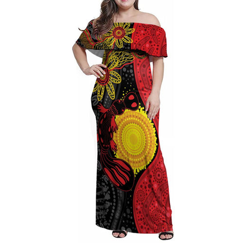 Platypus Aboriginal Art Style Family Matching Off Shoulder Maxi Dress and Hawaiian Shirt