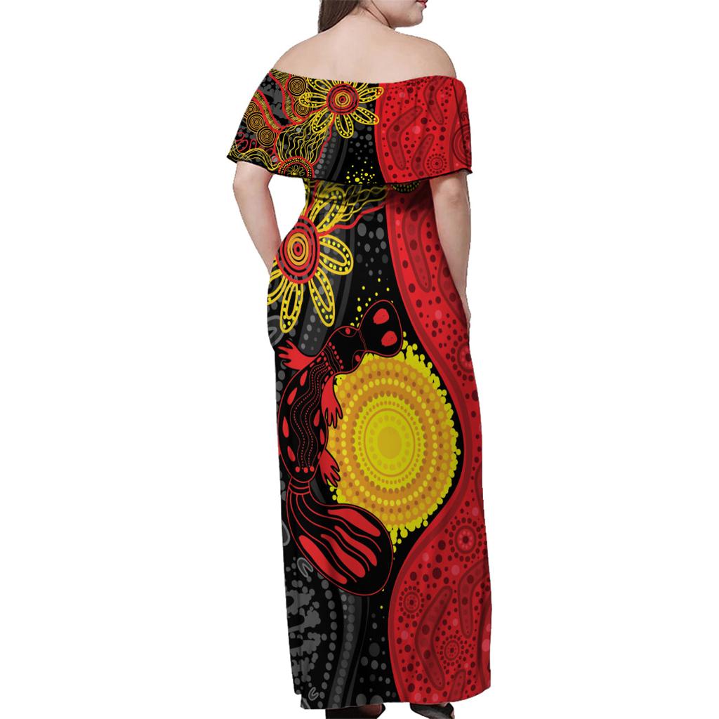 Platypus Aboriginal Art Style Family Matching Off Shoulder Maxi Dress and Hawaiian Shirt