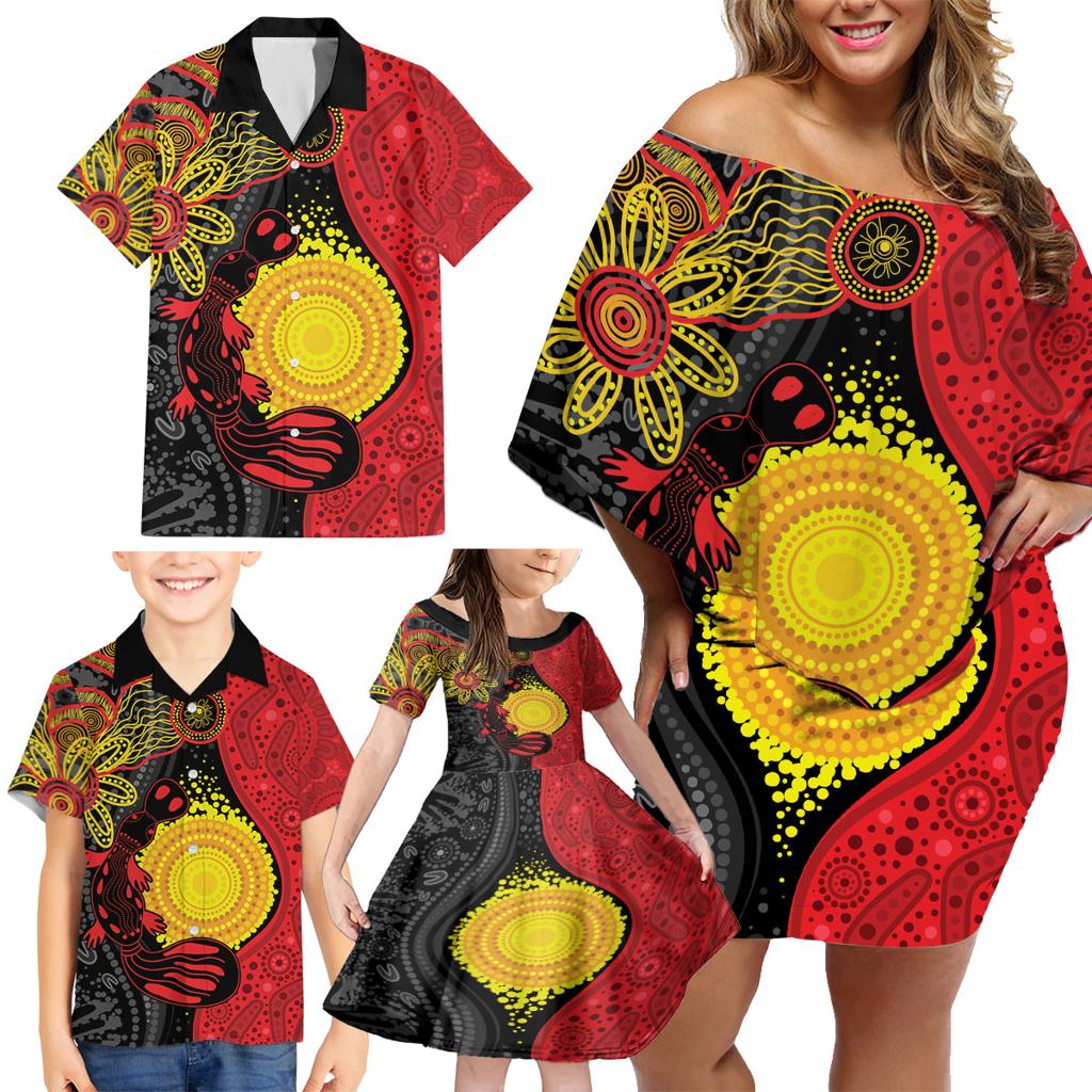 Platypus Aboriginal Art Style Family Matching Off Shoulder Short Dress and Hawaiian Shirt